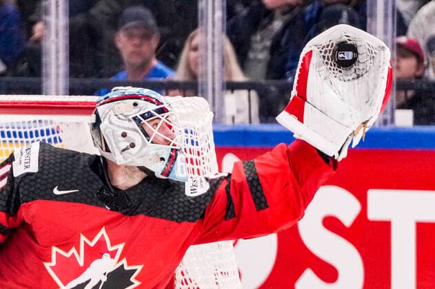 TAMPERE, FINLAND MAY 28 goalkeeper Chris Driedger of Canada in action during the 2022 IIHF Ice Hockey World Championship match between Canada and Czech Republic at Nokia Arena on May 28, 2022 in Tampere, Finland Tampere Nokia Arena Finland  Copyright: xJustPictures.ch JarixPestelaccix