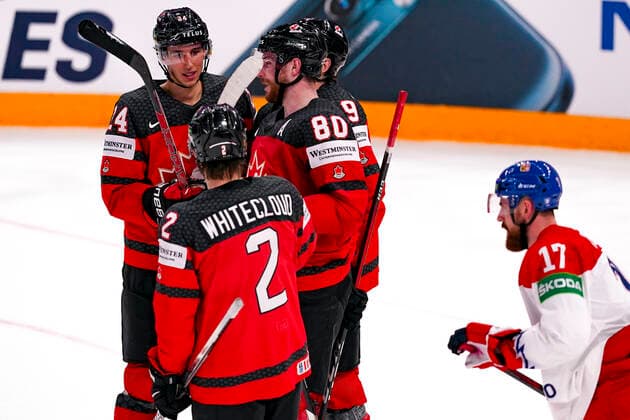 TAMPERE, FINLAND MAY 28 Dylan Cozens of Canada L celebrates his goal with Pierre Luc Dubois of Canada L and Zach Whitecloud of Canada during the 2022 IIHF Ice Hockey World Championship match between Canada and Czech Republic at Nokia Arena on May 28, 2022 in Tampere, Finland Tampere Nokia Arena Finland  Copyright: xJustPictures.ch JarixPestelaccix