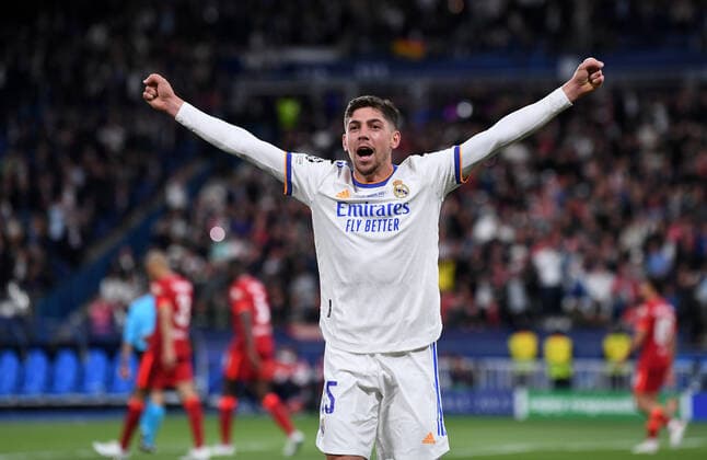 Football CHL FINAL 2021 2022 Final in Paris 28 05 2022 FC Liverpool Real Madrid Federico Valverde Real Madrid cheers after 0 1