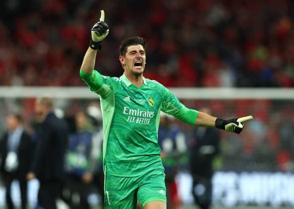 Paris, France, 28th May 2022. Thibaut Courtois of Real Madrid celebrates after his team win the UEFA Champions League match at Stade de France, Paris. Picture credit should read: David Klein Sportimage EDITORIAL USE ONLY. No use with unauthorised audio, video, data, fixture lists, club league logos or live services. Online in-match use limited to 120 images, no video emulation. No use in betting, games or single club league player publications. SPI-1716-0130