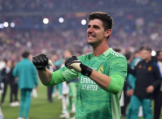 Football CHL FINALE 2021 2022 Final in Paris 28 05 2022 FC Liverpool Real Madrid Goalkeeper Thibaut Courtois Real Madrid rejoices over the victory of the Champions League