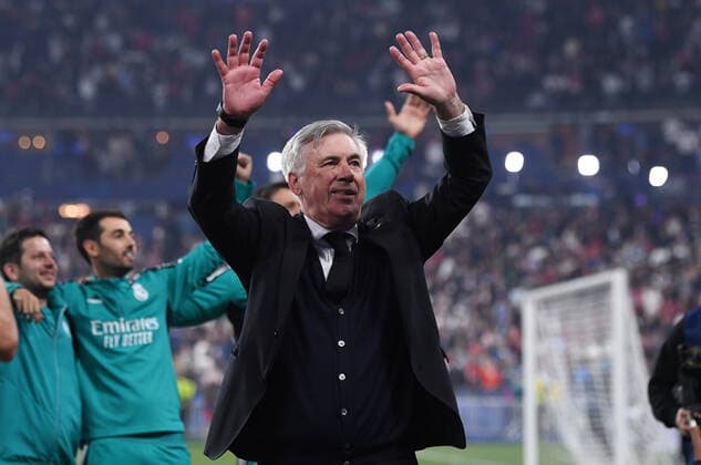 Football CHL FINAL 2021 2022 Final in Paris 28 05 2022 FC Liverpool Real Madrid Coach Carlo Ancelotti Real Madrid rejoices over the victory of the Champions League