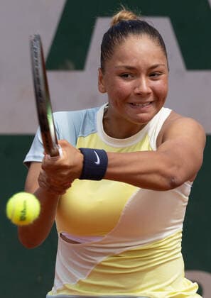 Belgian Sofia Costoulas pictured in action during the match of Belgian Costoulas against Czech Salkova, in the first round of the girls juniors competition, at the Roland Garros French Open tennis tournament, in Paris, France, Sunday 29 May 2022. This year s tournament takes place from 22 May to 5 June. BENOITxDOPPAGNE  x35603961x