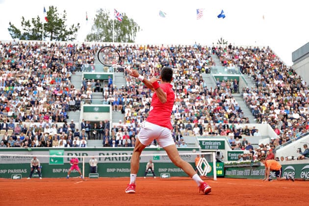 29th May 2022; Roland Garros, Paris, France: French Open Tennis tournament: Novak Djokovic (SRB) returns serve during his match against Diego Schwatrzman (ARG)  ActionPlus12394557 JonxBromley