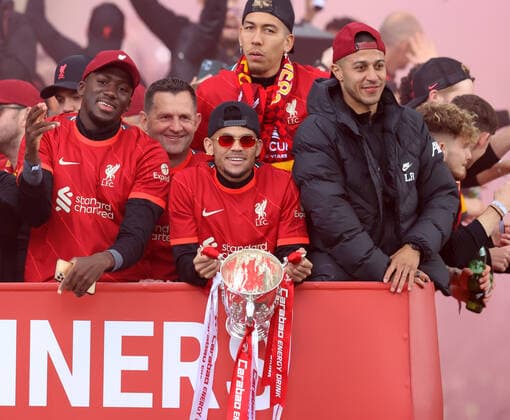 29th May 2022; Liverpool, Merseyside, England; Liverpool FC 2021-22 Victory Parade; Luis Diaz of Liverpool with the Carabao Cup  ActionPlus12394665 DavidxBlunsden