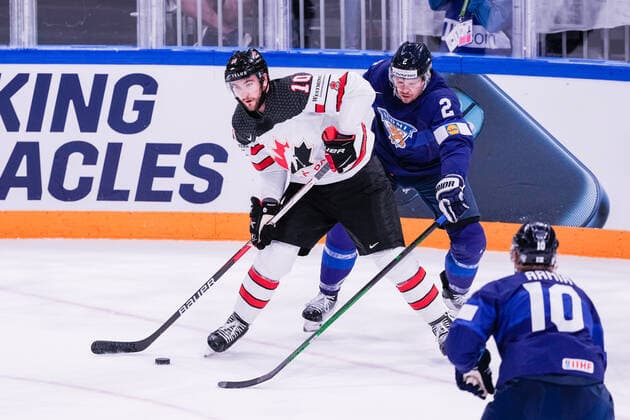 TAMPERE, FINLAND MAY 29 Nicolas Roy of Canada L against Ville Pokka of Finland R during the 2022 IIHF Ice Hockey World Championship match between Finland and Canada at Nokia Arena on May 29, 2022 in Tampere, Finland Tampere Nokia Arena Finland  Copyright: xJustPictures.ch JarixPestelaccix