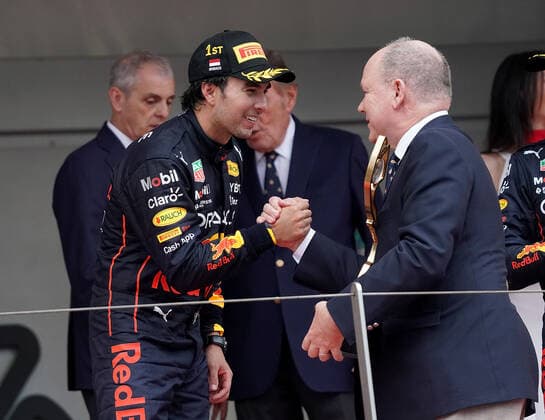 29 05 2022, Monaco Circuit, Monte Carlo, FORMULA 1 GRAND PRIX DE MONACO 2022 , in picture winner Sergio Perez MEX , Oracle Red Bull Racing, Albert II Prince of Monaco Photo EU Images Monte Carlo Monaco Circuit Monaco  eu-images-506