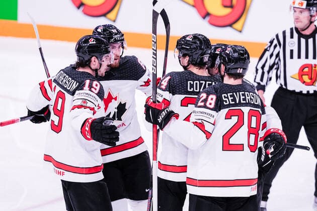 TAMPERE, FINLAND MAY 29 Dylan Cozens of Canada M celebrates his goal with Damon Severson of Canada R and Drake Batherson of Canada L during the 2022 IIHF Ice Hockey World Championship match between Finland and Canada at Nokia Arena on May 29, 2022 in Tampere, Finland Tampere Nokia Arena Finland  Copyright: xJustPictures.ch JarixPestelaccix