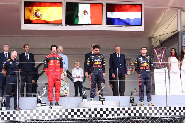 Monaco , Monte Carlo, 29 05 2022, Circuit de Monaco, Formula 1 Monaco Grand Prix 2022 Race, Sergio Perez Red Bull Racing and Max Verstappen Red Bull Racing and Carlos Sainz Scuderia Ferrari celebrates on the podium Photo EU Images Monte Carlo Circuit de Monaco Monaco  eu-images-577
