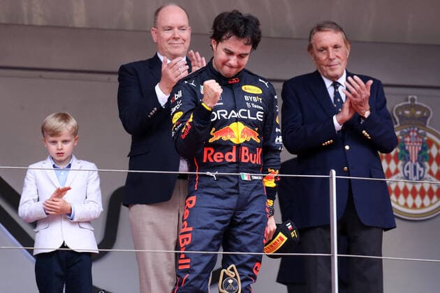 Monaco , Monte Carlo, 29 05 2022, Circuit de Monaco, Formula 1 Monaco Grand Prix 2022 Race, Sergio Perez Red Bull Racing celebrates on the podium Photo EU Images Monte Carlo Circuit de Monaco Monaco  eu-images-577
