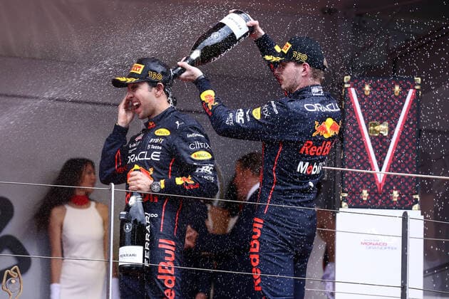 Monaco , Monte Carlo, 29 05 2022, Circuit de Monaco, Formula 1 Monaco Grand Prix 2022 Race, Sergio Perez Red Bull Racing and Max Verstappen Red Bull Racing celebrates on the podium Photo EU Images Monte Carlo Circuit de Monaco Monaco  eu-images-577