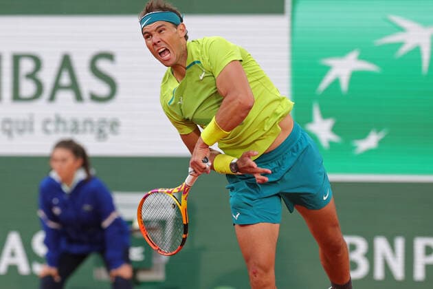 29th May 2022; Roland Garros, Paris, France: French Open Tennis tournament: Rafael Nadal (ESP) serves to Felix Auger-Aliassime (CAN)  ActionPlus12394786 JonxBromley