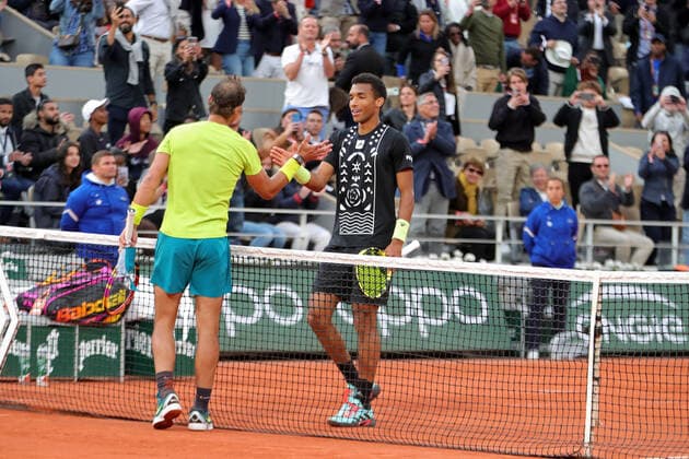 29th May 2022; Roland Garros, Paris, France: French Open Tennis tournament: Rafael Nadal (ESP) shakes hands with Felix Auger-Aliassime (CAN) after an epic match  ActionPlus12394796 JonxBromley