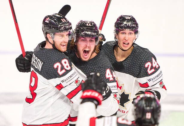 Maxime Comtois Nr. 44 of Canada celebrates his goal, happy, laugh, celebration, 3-3 in the match FINLAND - CANADA IIHF Ice hockey, Eishockey World Championship, WM, Weltmeisterschaft final in Tampere, Finland, May 29, 2022, Season 2021 2022