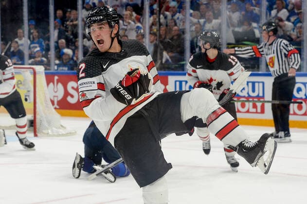 29 05 2022, Tampere, Nokia Arena, Finland v Canada 2022 IIHF Ice Hockey World Championship, 2 Zach Whitecloud Canada celebrate his 2 3 goal Tampere Nokia Arena Pirkanmaa Finland  Copyright: xJustPictures.ch AndreaxBrancax