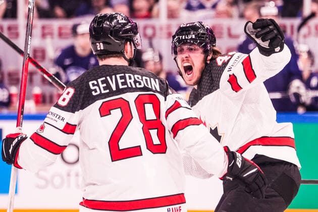 TAMPERE, FINLAND MAY 29 Max Comtois of Canada R celebrates his goal during the 2022 IIHF Ice Hockey World Championship match between Finland and Canada at Nokia Arena on May 29, 2022 in Tampere, Finland Tampere Nokia Arena Finland  Copyright: xJustPictures.ch JarixPestelaccix