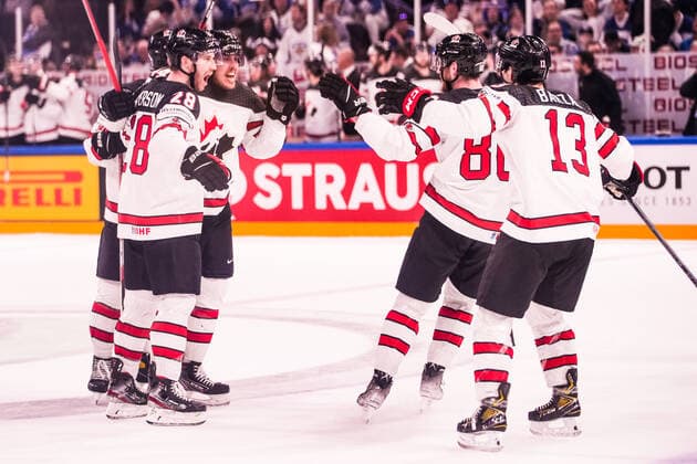 TAMPERE, FINLAND MAY 29 Max Comtois of Canada celebrates his goal during the 2022 IIHF Ice Hockey World Championship match between Finland and Canada at Nokia Arena on May 29, 2022 in Tampere, Finland Tampere Nokia Arena Finland  Copyright: xJustPictures.ch JarixPestelaccix