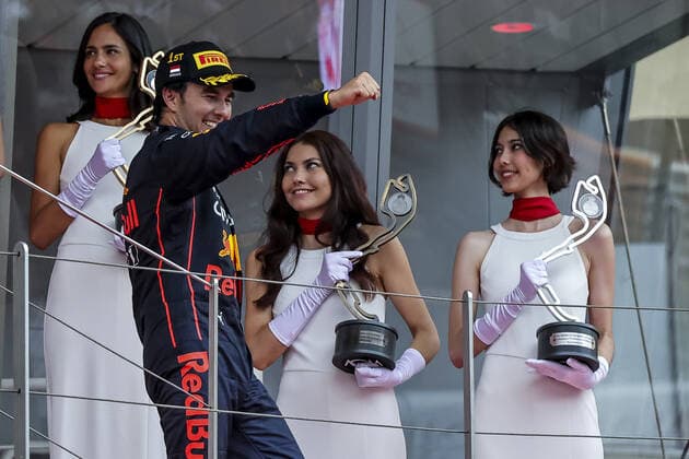 PEREZ Sergio (mex), Red Bull Racing RB18, portrait podium ambiance during the Formula 1 Grand Prix de Monaco 2022, 7th round of the 2022 FIA Formula One World Championship, WM, Weltmeisterschaft on the Circuit de Monaco, from May 27 to 29, 2022 in Monte-Carlo, Monaco - F1 - MONACO GRAND PRIX 2022 - Race DPPI Panoramic  0012201908320