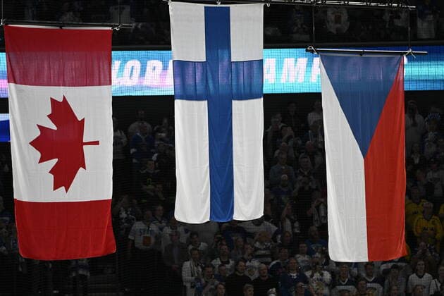 Eishockey, WM Finale, Finnland - Kanada Flags of silver Canada, gold Finland and bronze Czech Republic after the 2022 IIHF Ice hockey, Eishockey World Championship, WM, Weltmeisterschaft gold medal match between Canada and Finland, Tampere, Finland, May 29, 2022. (CTKxPhoto MichalxKamaryt) CTKPhotoP2022052906761