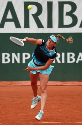 Elise Mertens of Belgium returns the ball to US Coco Gauff during their French Tennis Open match at Roland Garros near Paris, France, on Sunday May 29, 2022. Gauff won 6-3, 4-6, 6-3.  PAR20220529119 MAYAxVIDON-WHITE
