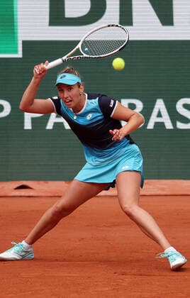 Elise Mertens of Belgium returns the ball to US Coco Gauff during their French Tennis Open match at Roland Garros near Paris, France, on Sunday May 29, 2022. Gauff won 6-3, 4-6, 6-3.  PAR20220529115 MAYAxVIDON-WHITE