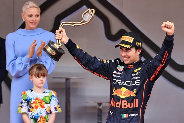 (220530) -- MONTE CARLO, May 30, 2022 -- Winner Red Bull Racing s driver Sergio Perez (R) celebrates on the podium after the final of the Formula One Grand Prix of Monaco at the Circuit de Monaco in Monte Carlo, Monaco, May 29, 2022. (Photo by Xinhua) (SP)MONACO-MONTE CARLO-F1 GRAND PRIX-MONACO-FINAL QianxJun 