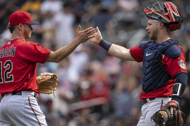 May 29, 2022, Minneapolis, MN, United States: Minnesota Twins catcher Ryan Jeffers (27) congratulates relief pitcher Emilio Pagan (12) on the last out of the game against the Kansas City Royals on Sunday, May 29, 2022, at Target Field in Minneapolis. Minneapolis United States - ZUMAm67_ 0160226547st Copyright: xJerryxHoltx