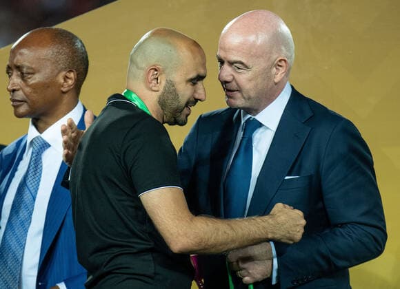 CASABLANCA, MOROCCO - MAY 30: FIFA President Gianni Infantino and Head Coach Walid Regragui of Wydad AC during the CAF Champions League Final 2022 match between Al Ahly and Wydad AC at Stade Mohammed V on May 30, 2022 in Casablanca, M Al Ahly and Wydad AC - CAF Champions League Final Copyright: xSebastianxFrejx