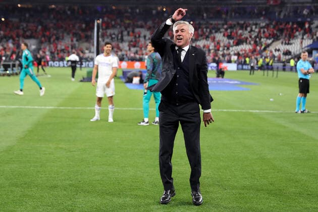 FRA: Liverpool FC - Real Madrid. UEFA Champions League. Final. Real Madrid head coach Carlo Ancelotti celebrates the victory dancing at full time during the UEFA Champions League Final match between Liverpool FC and Real Madrid played at Stade de France on May 28, 2022 in Paris, France. kpng Copyright: xMagmax PS_220528_1102