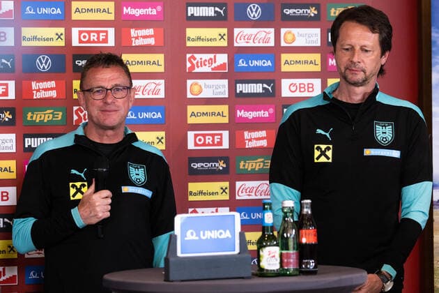 SOCCER - NL, CRO vs AUT, preview BAD TATZMANNSDORF,AUSTRIA,31.MAY.22 - SOCCER - UEFA Nations League, OEFB international match, Länderspiel, Nationalmannschaft Croatia vs Austria, preview, press conference, PK, Pressekonferenz AUT. Image shows head coach Ralf Rangnick (AUT) and sporting director Peter Schoettel (AUT). GEPAxpictures xMichaelxMeindl