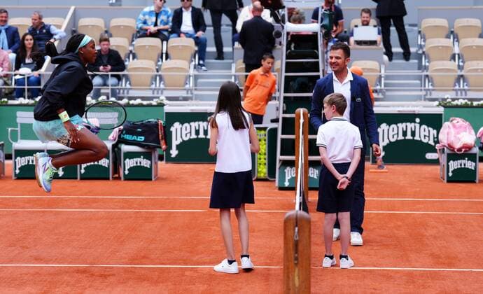Mandatory Credit: Photo by Javier Garcia Shutterstock (12960001x) Coco Gauff jumps before the coin toss French Open Tennis, Day 10, Roland Garros, Paris, France - 31 May 2022 French Open Tennis, Day 10, Roland Garros, Paris, France - 31 May 2022  Copyright: xJavierxGarcia Shutterstockx 12960001x