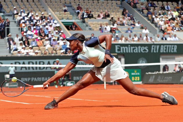 31st May 2022; Roland Garros, Paris, France: French Open Tennis tournament: Sloane Stephens (USA) at full stretch during her match against Coco Gauff (USA)  ActionPlus12395360 JonxBromley