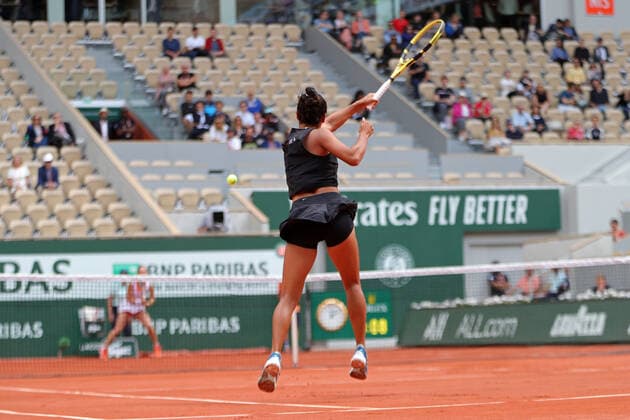31st May 2022; Roland Garros, Paris, France: French Open Tennis tournament: Leylah Fernandez (CAN) plays a forehand cross court against Martina Trevisan (ITA)  ActionPlus12395335 JonxBromley