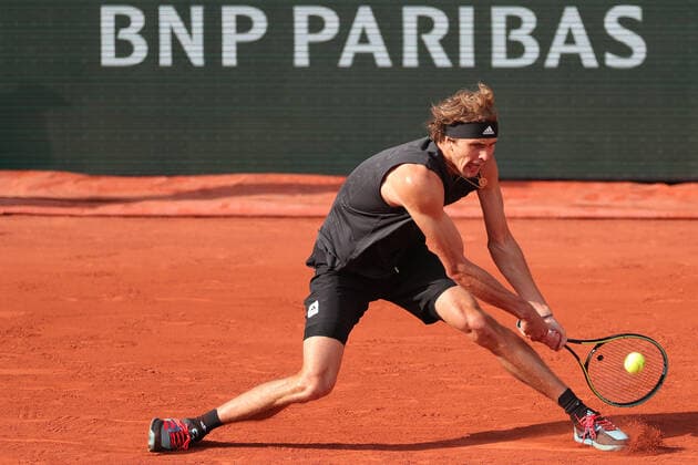 31st May 2022; Roland Garros, Paris, France: French Open Tennis tournament: Alexander Zverev (GER) plays a baseline return during his game with Carlos Alcaraz (ESP)  ActionPlus12395385 JonxBromley