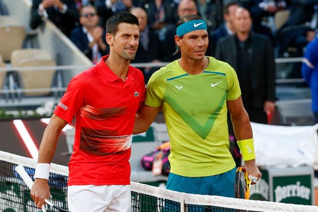 31 05 2022, Tennis, French Open 2022 Roland Garros, FRA, Paris, Roland Garros Picture f l Novak Djokovic SER and Rafael Nadal ESP before the match. Copyright: HMBxMedia AntonioxBorga