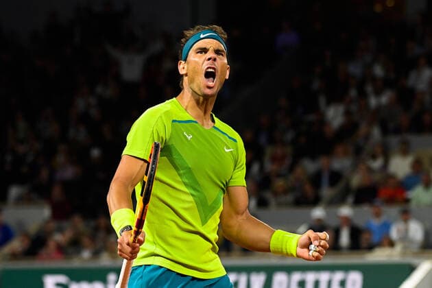 Attitude - Joie de Rafael Nadal ( Espagne ) TENNIS : Roland Garros 2022 - Internationaux de France - 31 05 2022 FedericoPestellini Panoramic 
