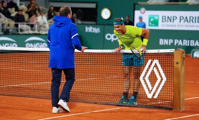 Mandatory Credit: Photo by Javier Garcia Shutterstock (12960001ck) Rafael Nadal unsuccessfully questions the umpire after a line call went against him and handed Novak Djokovic a fourth set break French Open Tennis, Day 10, Roland Garros, Paris, France - 31 May 2022 French Open Tennis, Day 10, Roland Garros, Paris, France - 31 May 2022  Copyright: xJavierxGarcia Shutterstockx 12960001ck