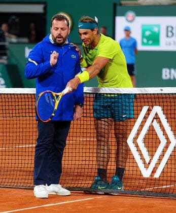 Mandatory Credit: Photo by Javier Garcia Shutterstock (12960001ci) Rafael Nadal unsuccessfully questions the umpire after a line call went against him and handed Novak Djokovic a fourth set break French Open Tennis, Day 10, Roland Garros, Paris, France - 31 May 2022 French Open Tennis, Day 10, Roland Garros, Paris, France - 31 May 2022  Copyright: xJavierxGarcia Shutterstockx 12960001ci