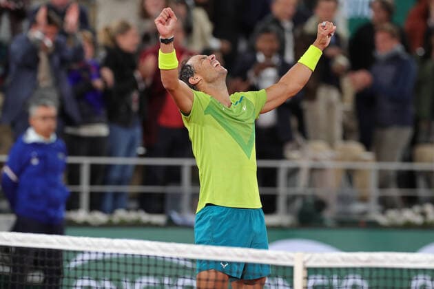 31st May 2022; Roland Garros, Paris, France: French Open Tennis tournament: mens quarter-final; Rafael Nadal (ESP) celebrates his win against Novak Djokovic (SRB) in a 4 set tie-breaker  ActionPlus12395449 JonxBromley