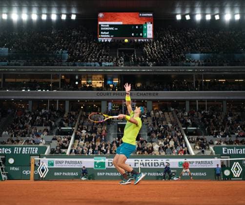(220601) -- PARIS, June 1, 2022 -- Rafael Nadal serves during the men s singles quarterfinal between Serbia s Novak Djokovic and Spain s Rafael Nadal at the French Open tennis tournament at Roland Garros in Paris, France, June 1, 2022. ) (SP)FRANCE-PARIS-TENNIS-ROLAND GARROS-FRENCH OPEN-MEN S SINGLES QUARTERFINAL MengxDingbo 