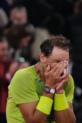 (220601) -- PARIS, June 1, 2022 -- Rafael Nadal reacts after winning the men s singles quarterfinal between Serbia s Novak Djokovic and Spain s Rafael Nadal at the French Open tennis tournament at Roland Garros in Paris, France, June 1, 2022. ) (SP)FRANCE-PARIS-TENNIS-ROLAND GARROS-FRENCH OPEN-MEN S SINGLES QUARTERFINAL MengxDingbo 