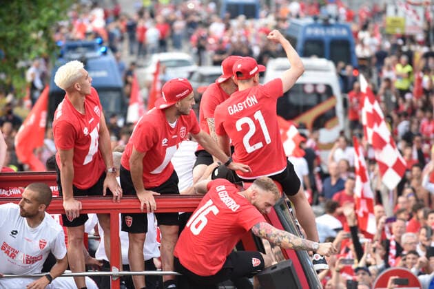 May 31, 2022, Monza, Lombardia, ITALY: The AC MONZA players thank from the open bus the fans who, after winning the playoffs of the second series of the Italian football championship, will play in Serie A next year. Thousands of people took to the streets to celebrate with their team. AC MONZA was born in 1912 and is the first time they will play next year in the top flight of Italian soccer. Monza ITALY - ZUMAs232 0160370269st Copyright: xErvinxShulkux