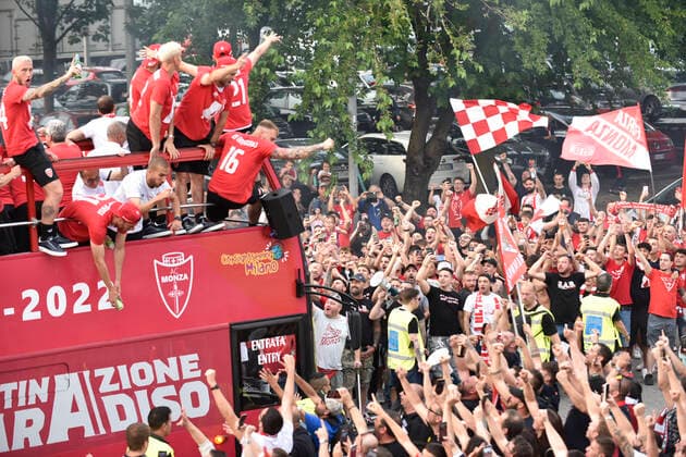 May 31, 2022, Monza, Lombardia, ITALY: The AC MONZA players thank from the open bus the fans who, after winning the playoffs of the second series of the Italian football championship, will play in Serie A next year. Thousands of people took to the streets to celebrate with their team. AC MONZA was born in 1912 and is the first time they will play next year in the top flight of Italian soccer. Monza ITALY - ZUMAs232 0160370335st Copyright: xErvinxShulkux