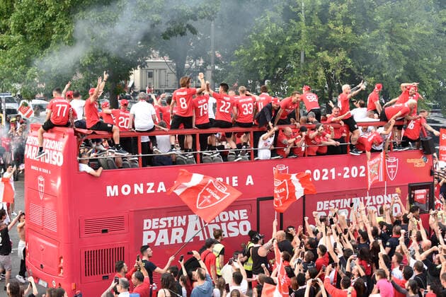 May 31, 2022, Monza, Lombardia, ITALY: The AC MONZA players thank from the open bus the fans who, after winning the playoffs of the second series of the Italian football championship, will play in Serie A next year. Thousands of people took to the streets to celebrate with their team. AC MONZA was born in 1912 and is the first time they will play next year in the top flight of Italian soccer. Monza ITALY - ZUMAs232 0160370498st Copyright: xErvinxShulkux