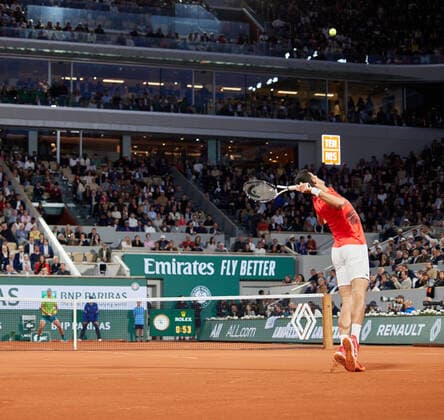 (220601) -- PARIS, June 1, 2022 -- Novak Djokovic serves during the men s singles quarterfinal between Serbia s Novak Djokovic and Spain s Rafael Nadal at the French Open tennis tournament at Roland Garros in Paris, France, May 31, 2022. ) (SP)FRANCE-PARIS-TENNIS-ROLAND GARROS-FRENCH OPEN-MEN S SINGLES QUARTERFINAL MengxDingbo 