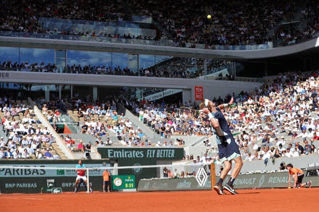 1st June 2022; Roland Garros, Paris, France: French Open Tennis tournament, mens quarter-final; Andrey Rublev serves to Marin Cilic (CRO)  ActionPlus12395520 JonxBromley