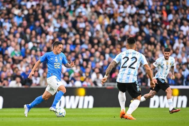 London, England, June 1st 2022: Giacomo Raspadori (22 Italy) goes forward during the UEFA CONMEBOL Finalissima 2022 football match between Italy and Argentina at Wembley Stadium in London, England. Cristiano Mazzi SPP Italy v Argentina - UEFA CONMEBOL Finalissima 2022 - Wembley Stadium 