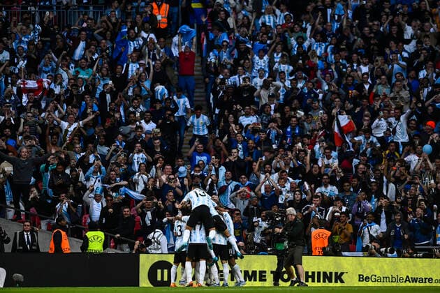 Photo LaPresse - Fabio Ferrari June 01, 2022 London, Great Britain soccer Italy vs Argentina - Final Coppa dei Campioni CONMEBOL-UEFA - Wembley Stadium of Londra. In the pic:Lautaro Martinez celebrates  Copyright: xFabioxFerrari LaPressex
