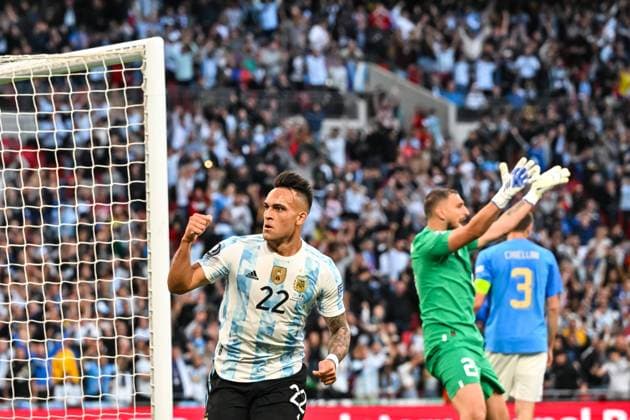 London, England, June 1st 2022: Lautaro Martinez (22 Argentina) celebrates scoring his goal during the UEFA CONMEBOL Finalissima 2022 football match between Italy and Argentina at Wembley Stadium in London, England. Cristiano Mazzi SPP Italy v Argentina - UEFA CONMEBOL Finalissima 2022 - Wembley Stadium 