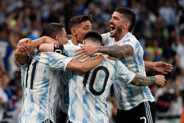 Angel Di Maria of Argentina celebrates after scoring the goal of 0-2 during the Finalissima trophy 2022 football match between Italy and Argentina at Wembley stadium in London, England, June 1st, 2022. Photo Andrea Staccioli Insidefoto AndreaxStaccioli
